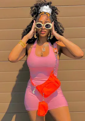 Women Summer Pink Sporty Halter Sleeveless Solid Above Knee Regular Rompers