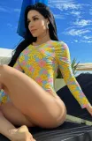Women Blue Halter Backless Floral Print One Piece Swimsuit