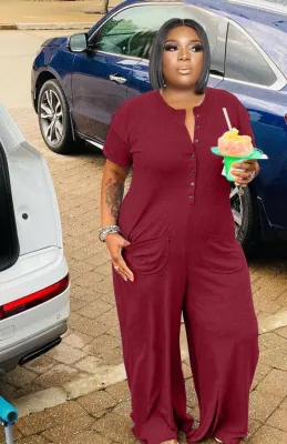 Women Summer Burgunry Casual O-Neck Short Sleeves Solid Pockets Full Length Loose Plus Size Jumpsuit