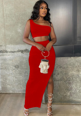 Women Summer Red Modest Slash Neck Sleeveless High Waist Solid Ripped Regular MaxiTwo Piece Skirt Set