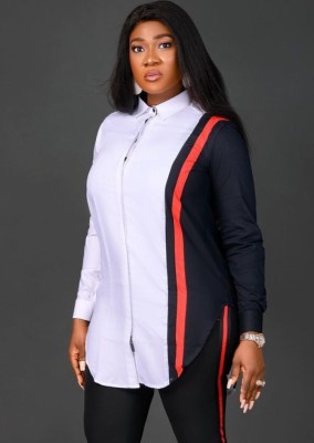 Women Autumn White Modest Turn-down Collar Full Sleeves Striped Print Long Shirt
