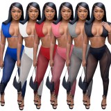 Women Summer Grey Sexy Square Neck Sleeveless High Waist Solid Mesh See Through Skinny Two Piece Pants Set