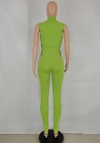 Women Summer Green Casual Stand Collar Sleeveless Color Blocking Belted Full Length Regular Jumpsuit