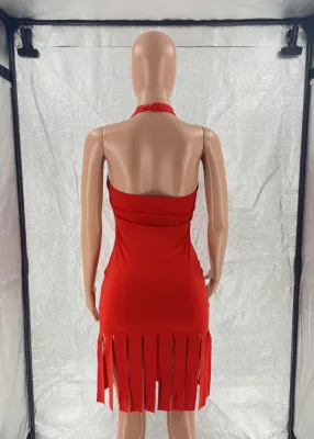 Women Summer Red Sexy Halter Sleeveless Solid Tassel Knee-Length Straight Club Dress
