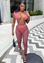 Women Summer Pink Sexy Square Neck Sleeveless High Waist Solid Mesh See Through Skinny Two Piece Pants Set