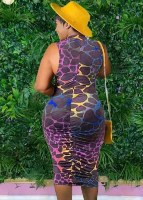 Women Summer Purple Modest Sleeveless Print Zippers Sheath Midi Dress