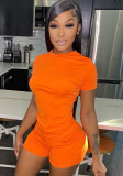 Women Summer Orange Casual O-Neck Short Sleeves High Waist Solid Pockets Regular Two Piece Shorts Set