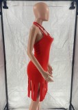 Women Summer Red Sexy Halter Sleeveless Solid Tassel Knee-Length Straight Club Dress