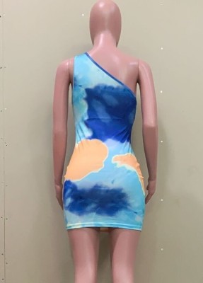 Women Summer Blue Sexy Slash Neck Sleeveless Tie Dye Hollow Out Mini Straight Club Dress