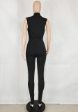 Women Summer Black Casual Stand Collar Sleeveless Color Blocking Belted Full Length Regular Jumpsuit