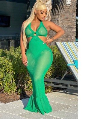 Women Summer Green Sleeveless Hollow Out Beach Dress
