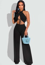 Women Summer Black Sexy Halter Sleeveless High Waist Solid Lace Up Loose Two Piece Pants Set