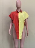 Women Summer Red and yellow Modest V-neck Short Sleeves Color Blocking Button Long Shirt
