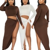 Women Summer Brown Sexy O-Neck Full Sleeves Solid Ripped Maxi Dress