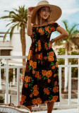 Women Summer Black Casual Off-the-shoulder Short Sleeves Floral Print Loose Midi Dress