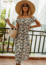 Women Summer Printed Casual Off-the-shoulder Short Sleeves Floral Print A-line Midi Dress