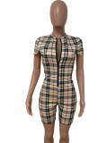 Women Summer Beige Casual Stand Collar Short Sleeves Plaid Print Zippers Above Knee Skinny Rompers