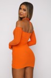 Women Summer Orange Sexy Halter Wrist Sleeves Patchwork Diamonds Mini Sheath Club Dress