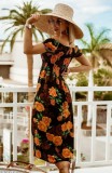 Women Summer Black Casual Off-the-shoulder Short Sleeves Floral Print Loose Midi Dress
