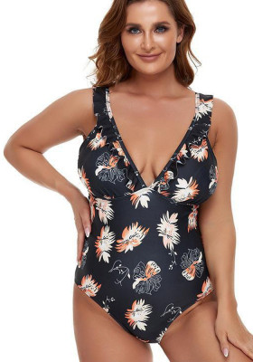 Women Black One-Piece V-Neck Floral Print Cascading Ruffle Plus Size One Piece Swimwear