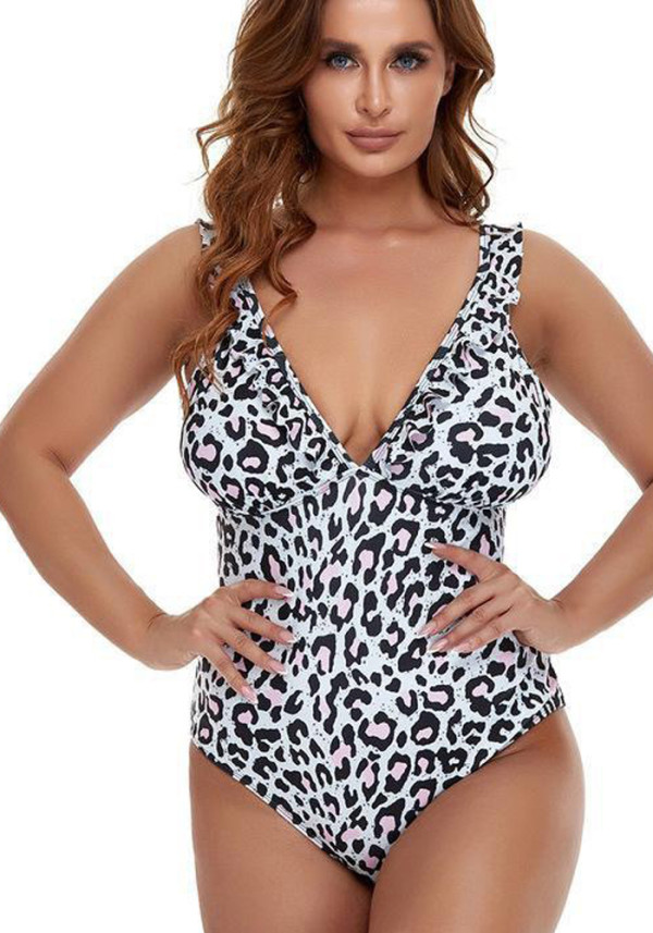 Women White One-Piece V-Neck Leopard Print Cascading Ruffle Plus Size One Piece Swimwear
