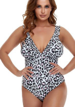 Women White One-Piece V-Neck Leopard Print Cascading Ruffle Plus Size One Piece Swimwear