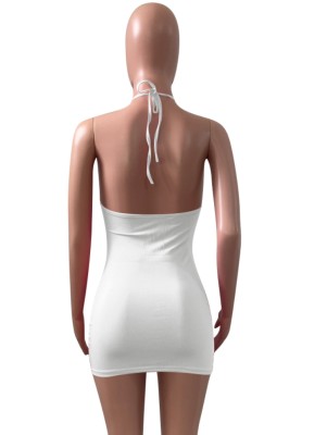 Women Summer White Sexy Halter Sleeveless Solid Hollow Out Mini Bodycon Dress