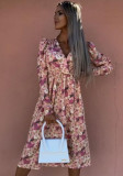 Women Summer Printed Casual V-neck Full Sleeves Floral Print Ripped Midi Loose Shirt Dress