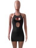 Women Summer Black Sexy Halter Sleeveless Solid Hollow Out Mini Bodycon Dress