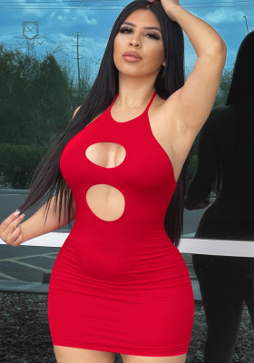 Women Summer Red Sexy Halter Sleeveless Solid Hollow Out Mini Bodycon Dress
