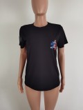 Women Summer Black Casual O-Neck Short Sleeves Printed Regular T-Shirt