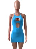 Women Summer Blue Sexy Halter Sleeveless Solid Hollow Out Mini Bodycon Dress