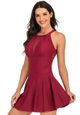 Women Red Halter V-Neck Solid Pleated One Piece Swimsuit