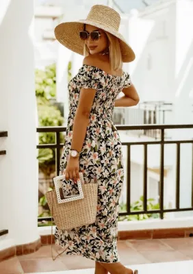 Women Summer Printed Casual Off-the-shoulder Short Sleeves Floral Print A-line Midi Dress