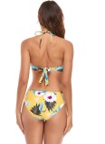 Women Yellow Bikini Strap Floral Print Lace Up Three Piece Swimwear