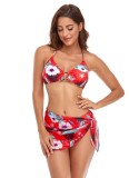 Women Red Bikini Strap Floral Print Lace Up Three Piece Swimwear