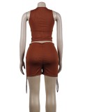 Women Summer Brown Casual O-Neck Sleeveless High Waist Solid Pleated Skinny Two Piece Shorts Set
