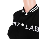 Women Summer Black Stand collar Short Sleeves High Waist Letter Print Embroidery Regular Short Sweatsuit