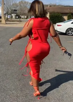 Women Summer Red Sexy O-Neck Sleeveless Solid Lace Up Maxi Straight Plus Size Long Dress