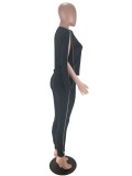 Women Autumn Black Casual O-Neck Full Sleeves High Waist Striped Print Zippers Regular Two Piece Pants Set