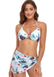 Women White Bikini Strap Floral Print Lace Up Three Piece Swimwear