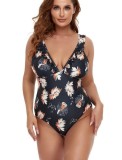 Women Black One-Piece V-Neck Floral Print Cascading Ruffle Plus Size One Piece Swimwear