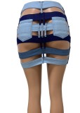 Women Summer Blue Sexy High Waist Button Fly Color Blocking Denim Button Mini Straight Skirts
