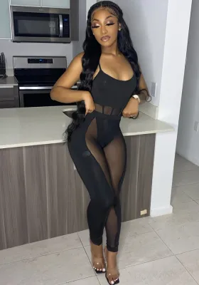 Women Summer Black Sexy Strap Sleeveless High Waist Patchwork Mesh Skinny Two Piece Pants Set
