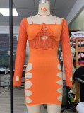 Women Summer Orange Sexy Halter Wrist Sleeves Patchwork Diamonds Mini Sheath Club Dress