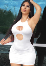 Women Summer White Sexy Halter Sleeveless Solid Hollow Out Mini Bodycon Dress