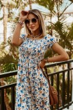 Women Summer Blue Casual Off-the-shoulder Short Sleeves Floral Print Loose Midi Dress