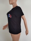 Women Summer Black Casual O-Neck Short Sleeves Printed Regular T-Shirt