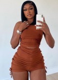 Women Summer Brown Casual O-Neck Sleeveless High Waist Solid Pleated Skinny Two Piece Shorts Set