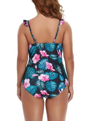 Women Pink One-Piece V-Neck Floral Print Cascading Ruffle Plus Size One Piece Swimwear